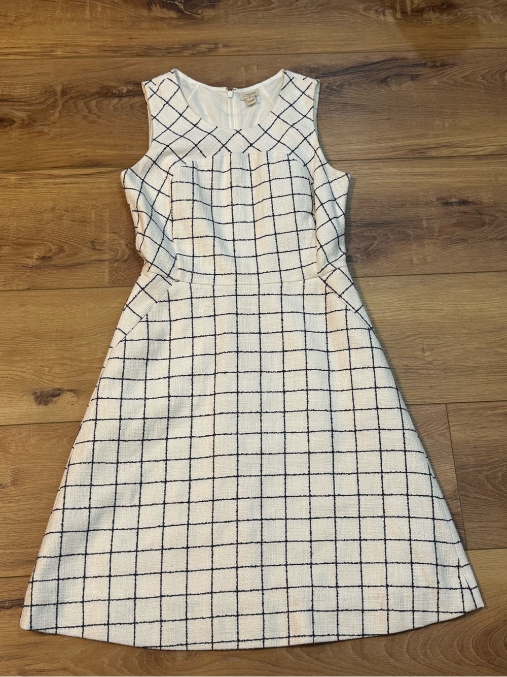 J. Crew White Sleeveless Windowpane Midi Dress with Navy Grid